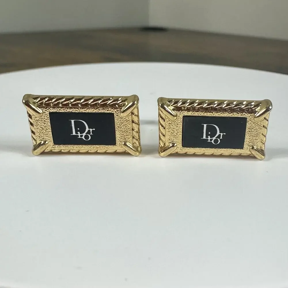 Christian Dior Cufflinks Mens Gold Tone Black Enamel Logo Rectangular Locking